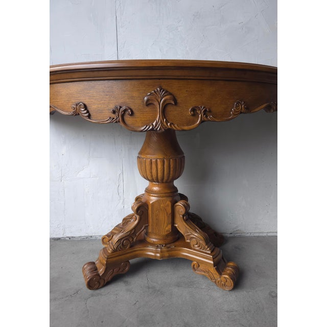 1970s Oak Demi Lune Renaissance Revival Style Console Entry Table For Sale - Image 5 of 11