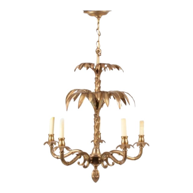 Vintage Solid Brass Palm Tree 5 Arm Regency Chandelier by Chapman For Sale