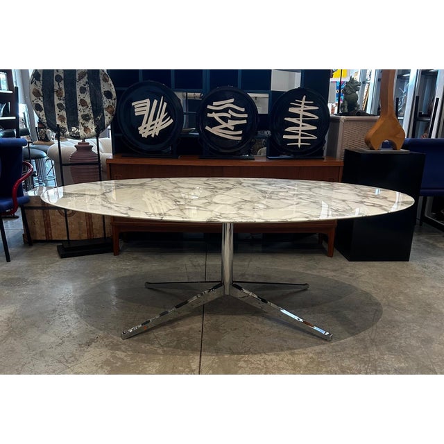 Florence Knoll Oval Carrara Marble Dining Table, Signed Stainless Steel Base For Sale - Image 10 of 12