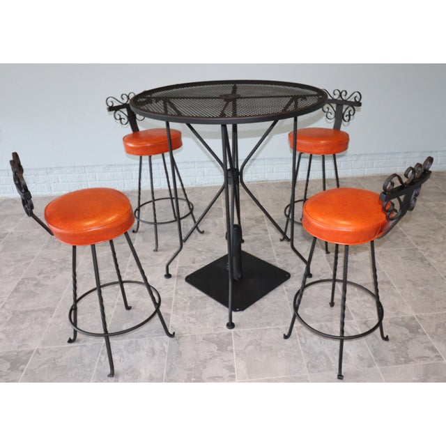 Burnt Orange Vintage Spanish Revival Wrought Iron Swivel Bar Stool Set With Matching Mesh Bar Table & Heavy Umbrella Stand – Mid-Century, Orange Vinyl For Sale - Image 8 of 12