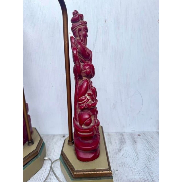 Fine Antique Carved Wood Chinese Immortals Fisherman and Deity Cinnabar Style Finish Pair Lamps For Sale - Image 10 of 12