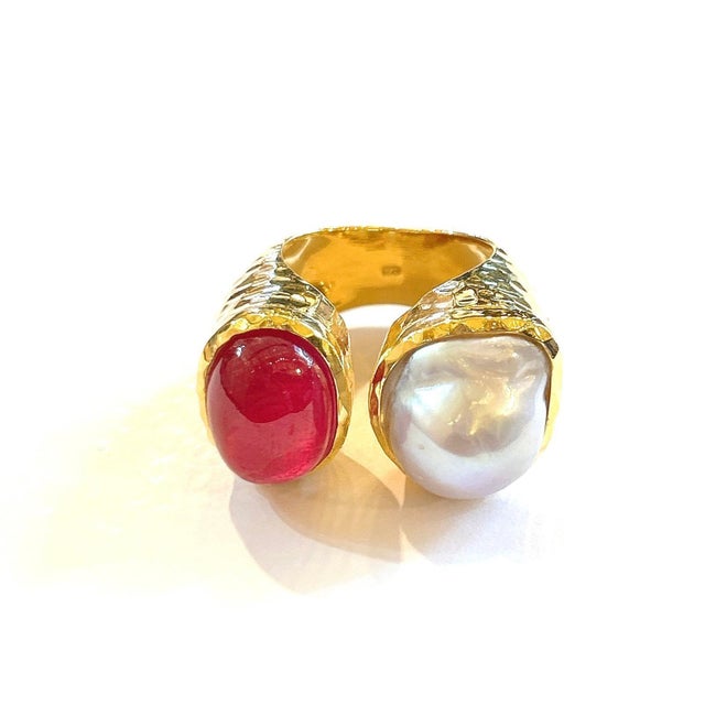 Bochic “Orient” Ruby & South Sea Pearl 2 Gem Ring Set 18K & Silver Natural Ruby - 13 Carat South Sea Pearl This Ring is...