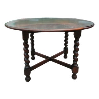Antique 1920s English Oak Barley Twist Drop-Leaf Dining Table For Sale