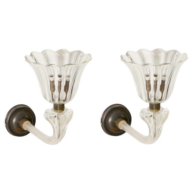 Large Murano Glass and Bronzed Brass Flower Sconces from Barovier, Italy, 1940s, Set of 2 For Sale - Image 13 of 13