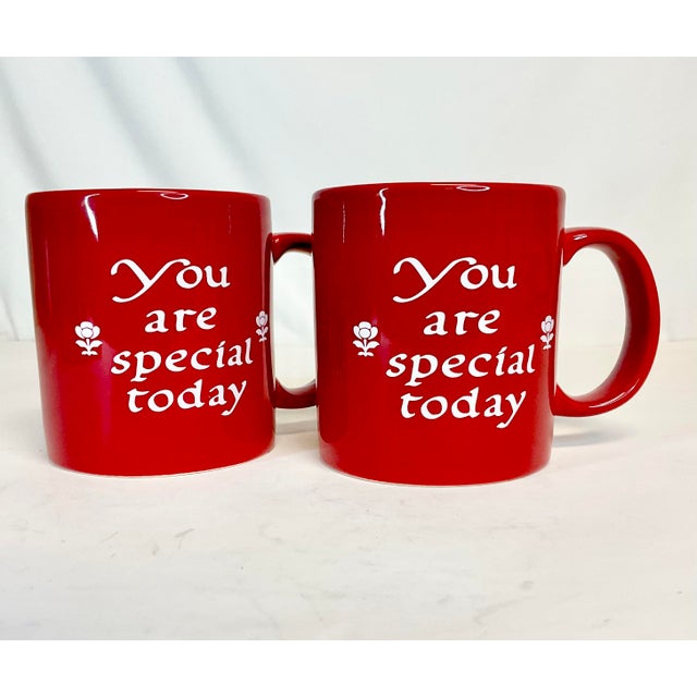 This is a pretty set of 2 Ruby red "You are Special Today" coffee mugs from German china pottery shop Waechterback. The...