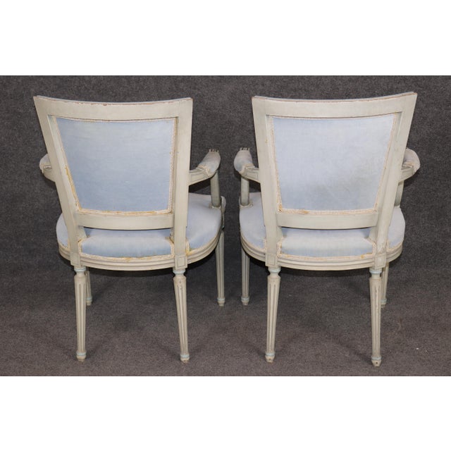 1930s Pair of French Louis XVI Style Creme & Blue Paint Decorated Armchairs C. 1930's For Sale - Image 5 of 15