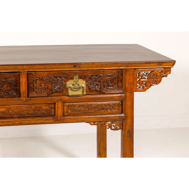 Wood Mid 20th Century Carved Console Table with Two Drawers, Scrolling Clouds & Flowers For Sale - Image 7 of 12