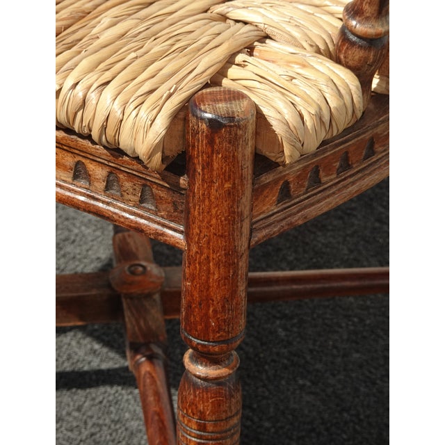 Pair of Vintage Rustic French Country Rush Seat Wheat Sheaf Arm Chairs ~ Dark #3 For Sale - Image 10 of 16