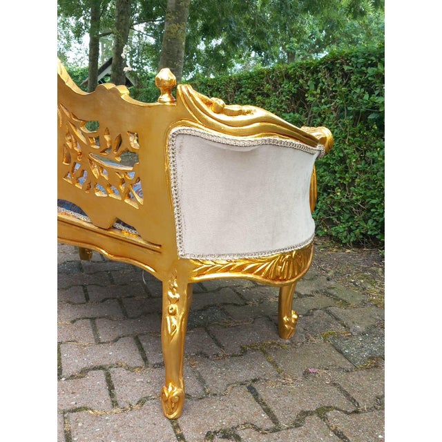 1980s French Louis XVI Settee in Gilded Beech, Blue Damask & Tan Velvet For Sale - Image 9 of 12