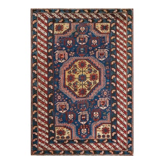 1920s Blue Geometric Antique Caucasian Rug 3'6" X 4'10" Handknotted Wool Carpet For Sale