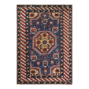 1920s Blue Geometric Antique Caucasian Rug 3'6" X 4'10" Handknotted Wool Carpet