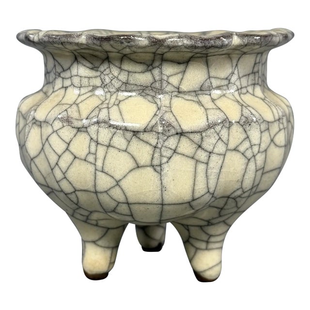 China Vintage Crackle‑Glaze Tripod Porcelain Incense Burner For Sale
