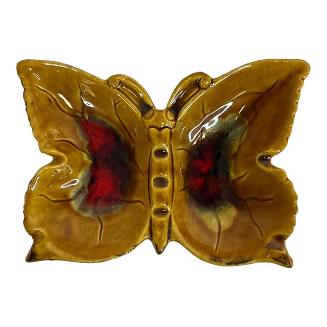 Mid-Century Boho Chic Maurice of California Ceramic Butterfly Ashtray-Catchall in Amber For Sale