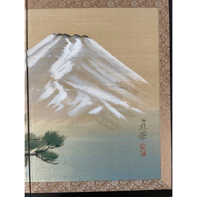 Japanese Japanese Vintage Byobu 2 Panel Tabletop or Wall Screen With Pine Tree Mountain. Signed For Sale - Image 3 of 6