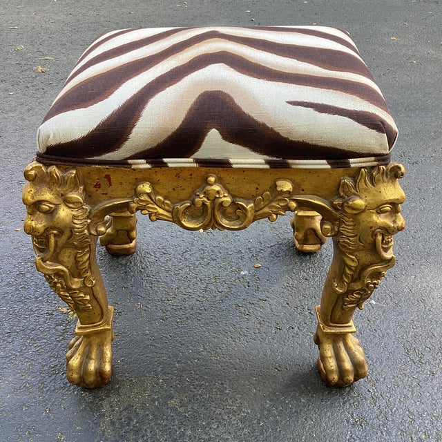 Gold Mid 20th Century Hollywood Regency Giltwood Stool With Figural Carved Legs and Ralph Lauren Zebra Upholstery For Sale - Image 8 of 10