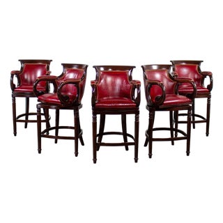 Late 20th Century Traditional Neoclassic Style Red Leather & Wood Barstools by Hancock & Moore Set of 5 For Sale