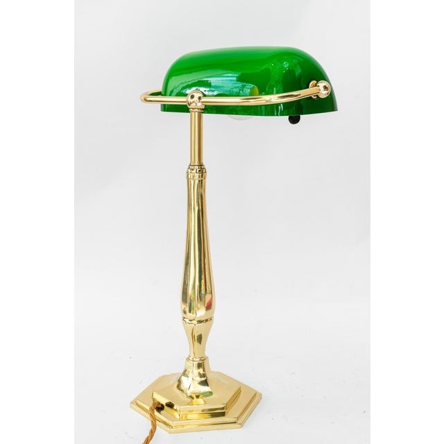 Solid Banker table lamp with original glass shade vienna around 1920s Brass polished and stove enameled European Plug (up...