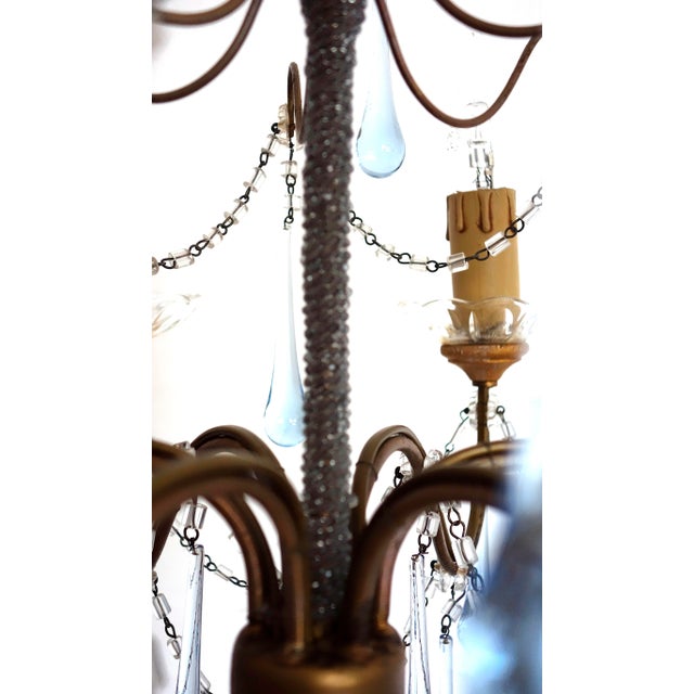 Antique Gilded Metal Murano Glass Drop Six-Light Chandelier, 1930s For Sale - Image 9 of 14