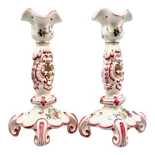 Early French Hand Painted Faience Candlesticks, a Pair For Sale