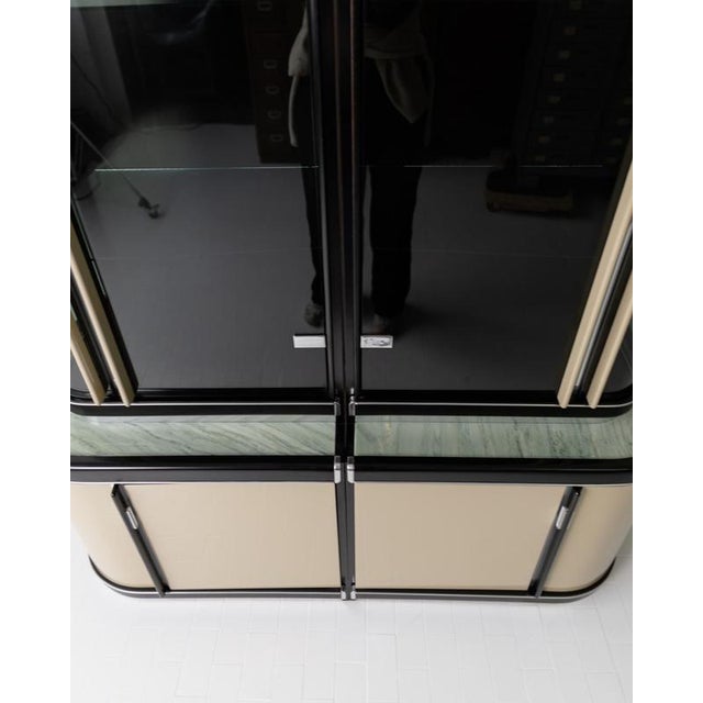 Vintage Art Deco Style Bar Cabinet in Lacquered Wood, Green Marble, Aluminium and Curved Smoked Glass, 1950s For Sale - Image 6 of 17