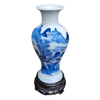 Antique Qing Dynasty Chinese Blue and White Porcelain Landscape Vase For Sale