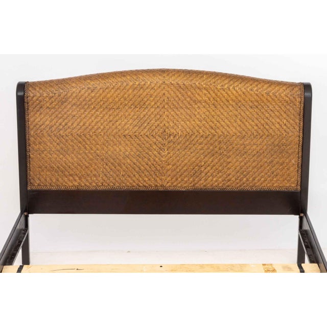 Contemporary Rattan and Ebonized Wood Queen Sleigh Bed Frame For Sale - Image 3 of 11