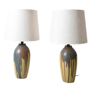 Ochre and Brown Glaze Drips Lamps, 1930s, Set of 2 For Sale