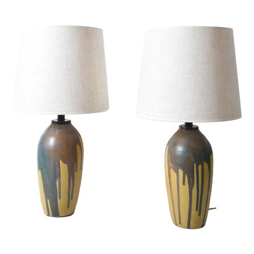 Ochre and Brown Glaze Drips Lamps, 1930s, Set of 2 For Sale