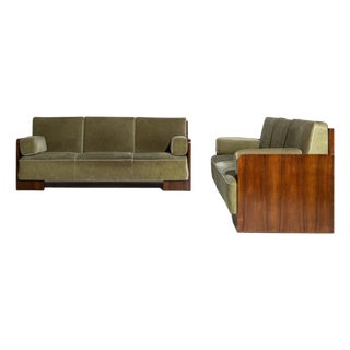 1930-1939 France Deep Olive Green Pair Of Upholstered Sofas For Sale