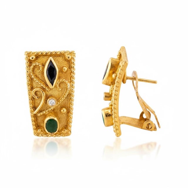 Etruscan Revival Mid 20th Century Pair of Etruscan Revival Emerald and Sapphire For Sale - Image 3 of 3