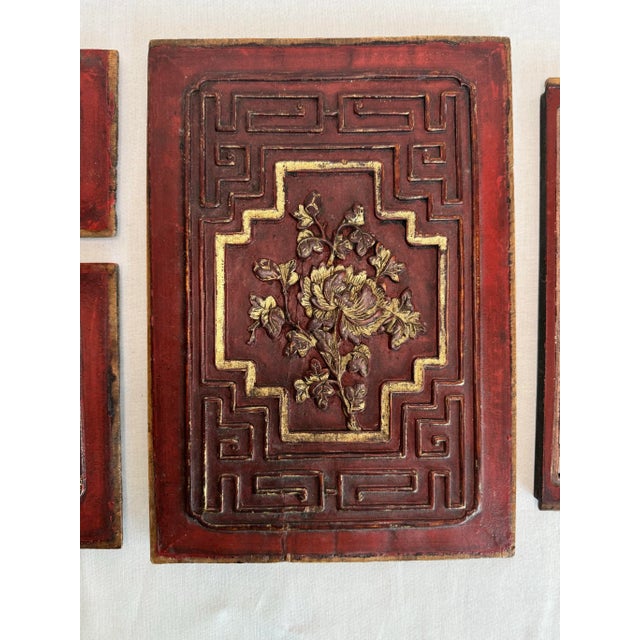 Asian Teak Wood Carved Relief Red & Gold Plaques, Set of 4 For Sale - Image 4 of 10