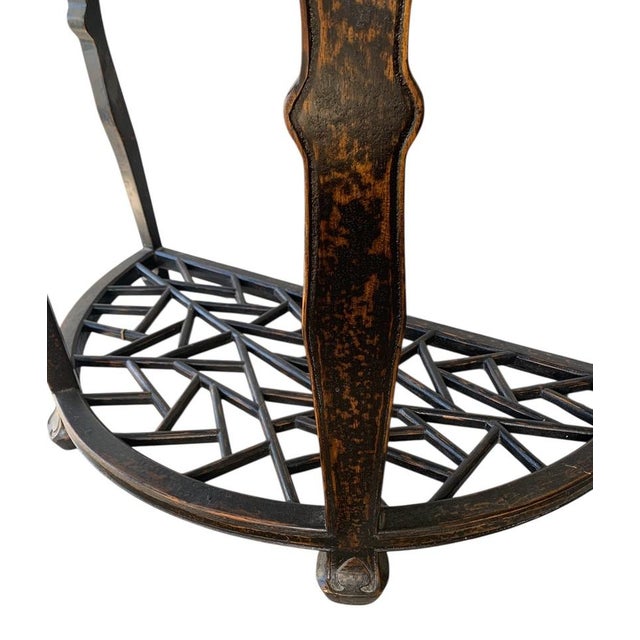 Early 20th Century Chinese Carved Wood Demi-Lune Console Table With Lattice Shelf For Sale - Image 4 of 7