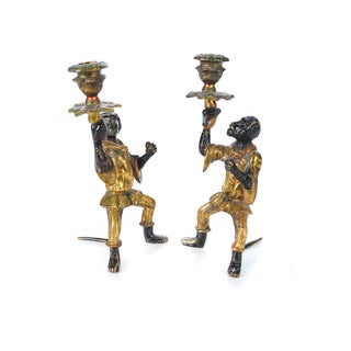Antique Monkeys Painted Bronze Candle Sticks -Pair For Sale