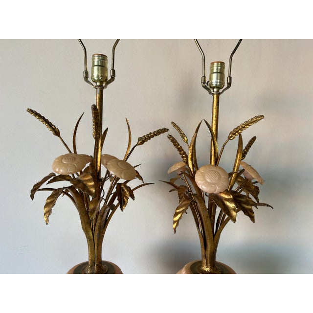 Gold Italian Hollywood Regency Carved Marble Sheaf- Of -Wheat Table Lamps - A Pair/ Sold For Sale - Image 8 of 13
