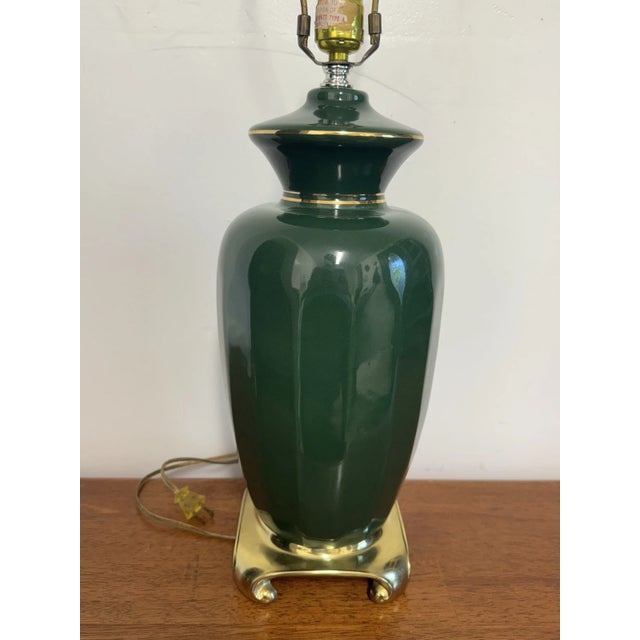 1950s Mid Century Hollywood Regency Green Ceramic Table Lamp Brass Base Vintage 30” Tall For Sale - Image 5 of 12