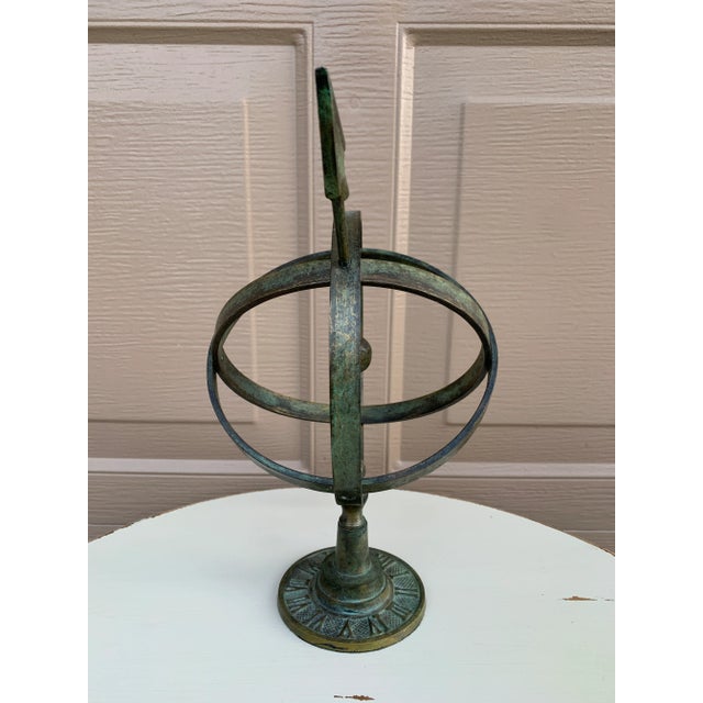 Rustic Verdigris Iron Armillary Sphere on Pedestal – European Garden Accent For Sale - Image 11 of 11