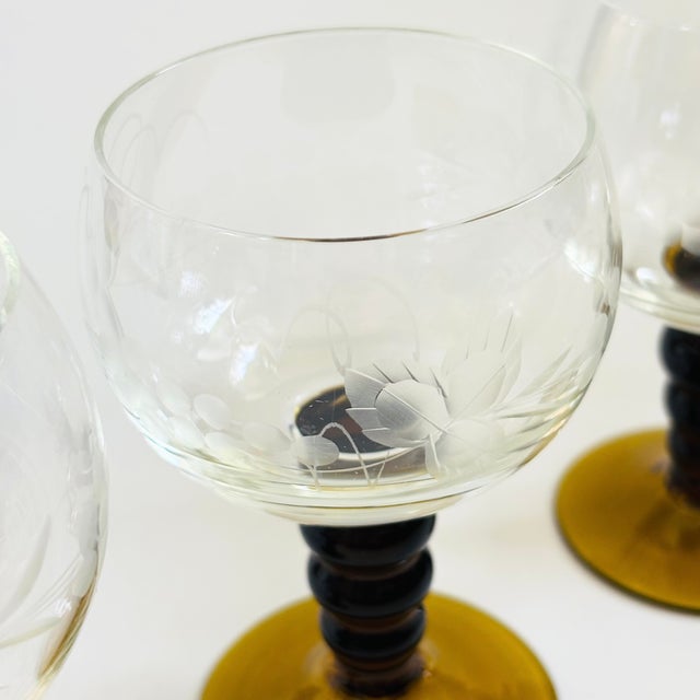 Etched German Roemer Coupe Wine Glasses With Amber Ball Stems - Set of 4 For Sale In San Francisco - Image 6 of 8