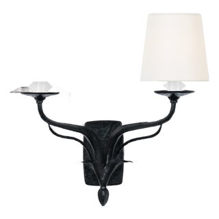 Chapman & Myers for Visual Comfort Signature Amalfi 15" Double Sconce in Waxed Black with Linen Shades For Sale