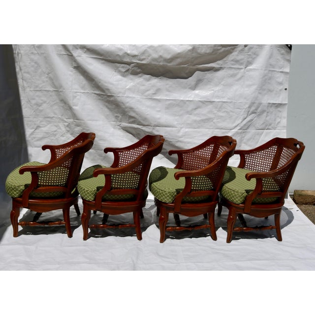 Fantastic French country barrel chairs with cane backs and cushions with removable covers. I love the solid and sturdy...