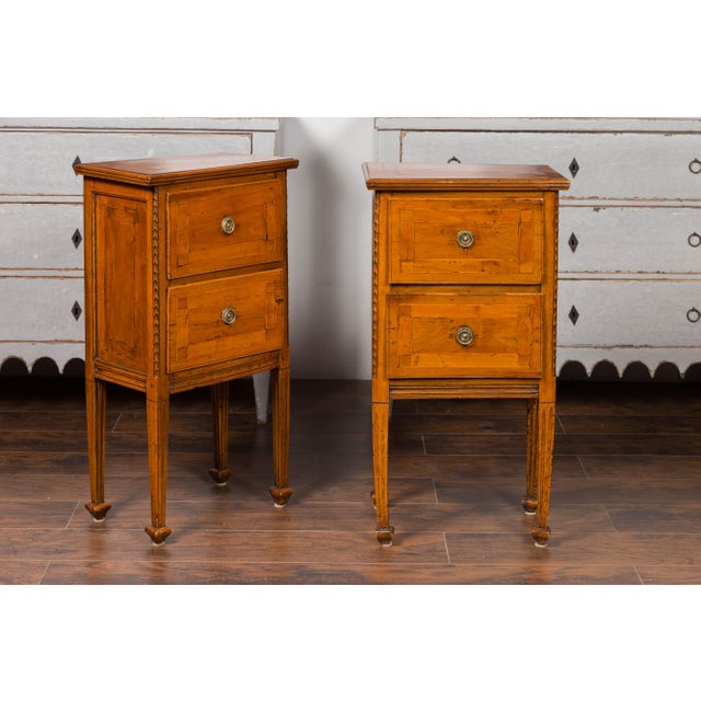Pair of 1820s Italian Neoclassical Carved Walnut Bedside Tables with Banding For Sale - Image 9 of 12