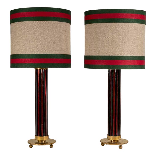 Brass and Metal Table Lamps with Murano Glass Rods, 1970s, Set of 2 For Sale