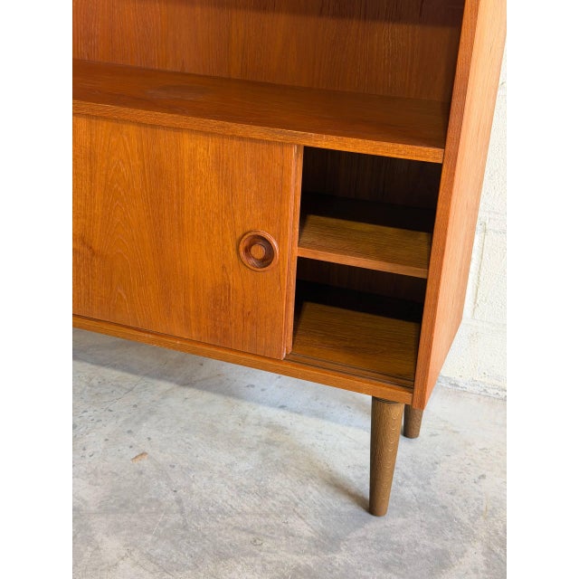 Vintage Danish Modern Teak Bookcase Cabinet Sliding Doors Mid Century Scandinavian Shelf For Sale - Image 9 of 9
