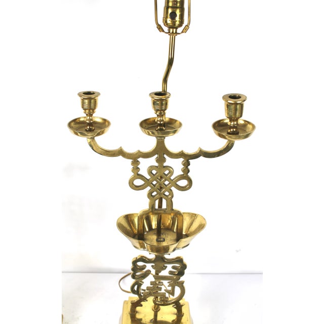 Asian Large Asian Motif Brass Candelabra Lamps - a Pair For Sale - Image 3 of 5