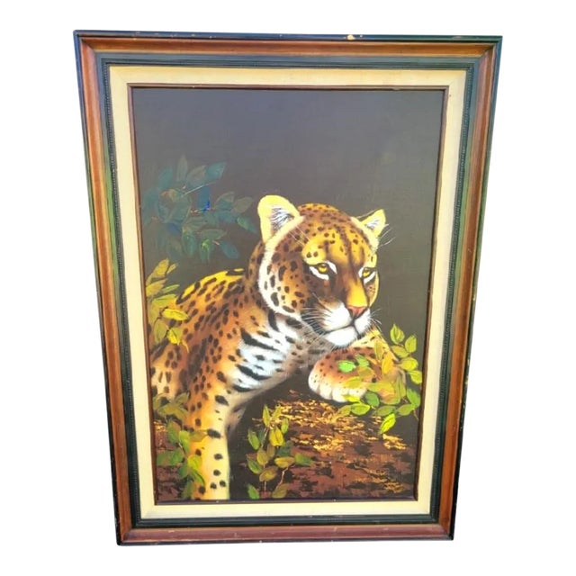 Vintage Hand Painted Oil on Canvas Tiger Framed Wall Art For Sale
