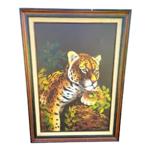 Vintage Hand Painted Oil on Canvas Tiger Framed Wall Art