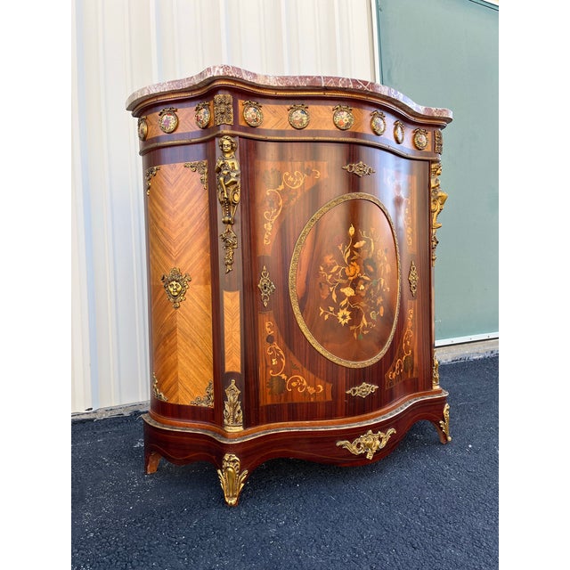 Brown Louis XV Satinwood Marquetry Console Cabinet- Marble, Brass Ormolu, & Porcelain Medallions For Sale - Image 8 of 12