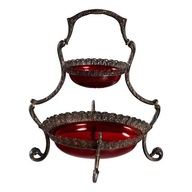 Silver and Garnet Red Glass Stand For Sale