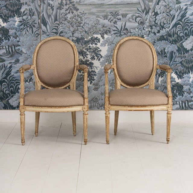 French Pair of 18th C. French Louis XVI Fauteuils in Original Paint, Signed For Sale - Image 3 of 16