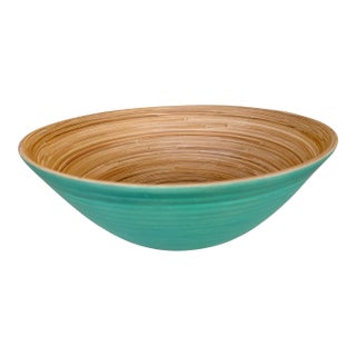 1990s Large Handmade 13” Teal Bamboo Bowl For Sale