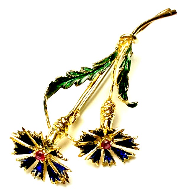 Vintage Italian 18k Gold Ruby & Enamel Floral Brooch – Retro Unisex Lapel Pin For Sale - Image 9 of 12